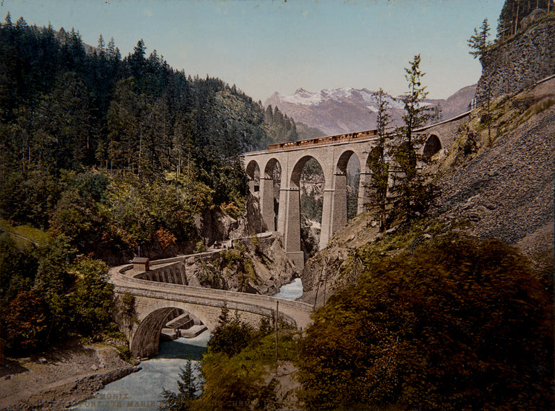 Photochrom, Chamonix, Pont Ste Marie et viaduc du chemin de fer, France