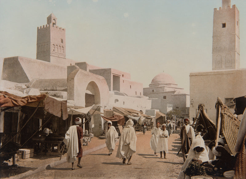 Photochrom Kairouan, Grande rue et Mosquée, Tunisie