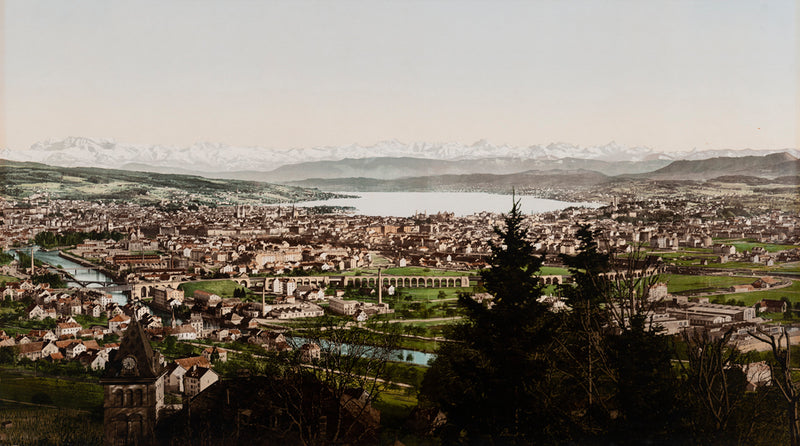 Photochrom de Zürich et les Alpes, depuis Waid, Suisse