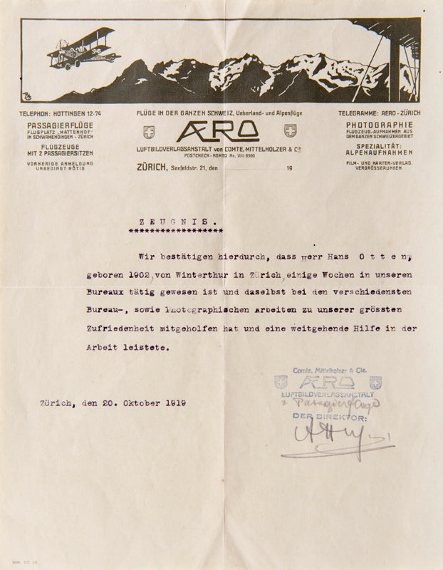 Lettre dactylographiée AERO - Comte, Mittelholzer & Cie