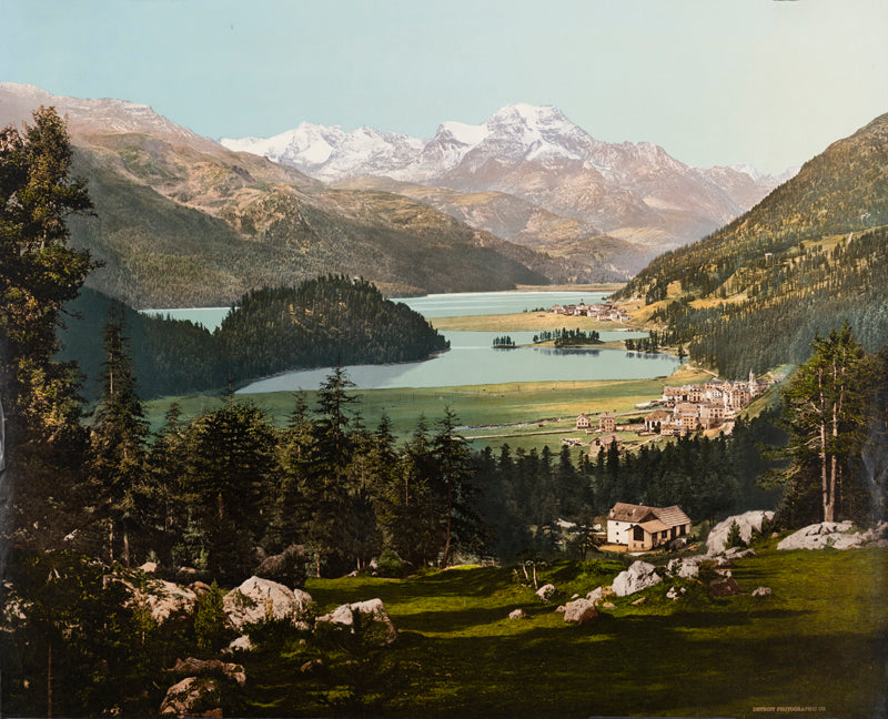 Photochrom - Campfer mit Silvaplana, Piz Margna, Grisons, Suisse