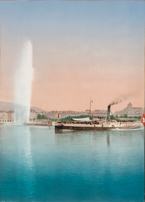 Photochrom de Genève, le vapeur Bonivard et le jet d'eau, Suisse