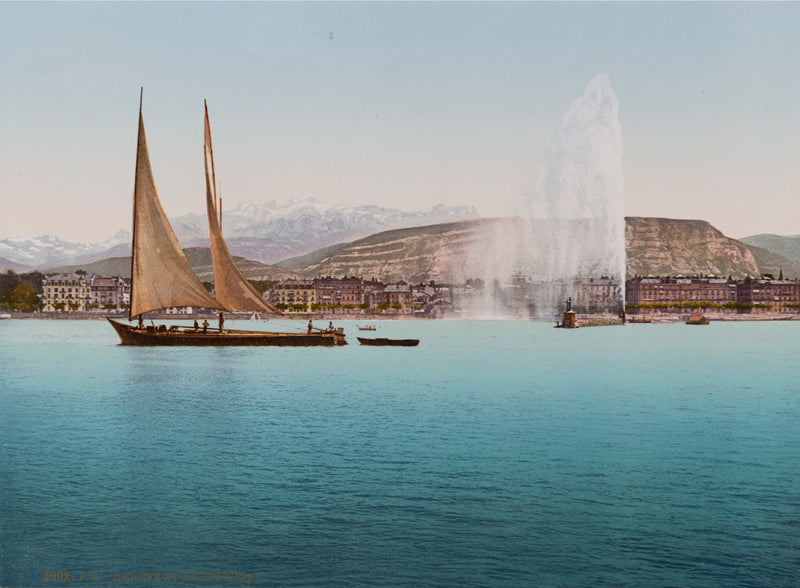 Photochrom de Genève et le jet d'eau, Suisse