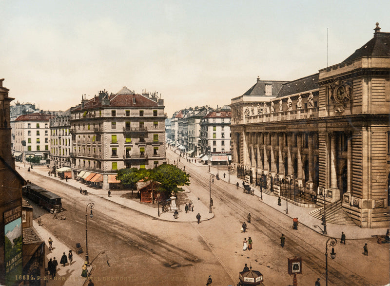 Photochrom de Genève,  Hôtel des Postes et rue du Mont-Blanc, Suisse