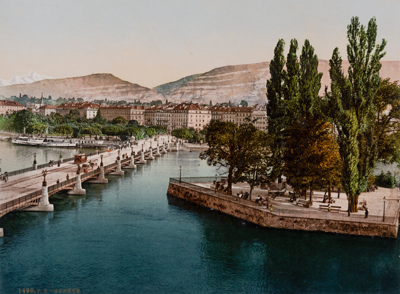 Photochrom de Genève, Ile Rousseau et le pont du Mont-Blanc, Suisse