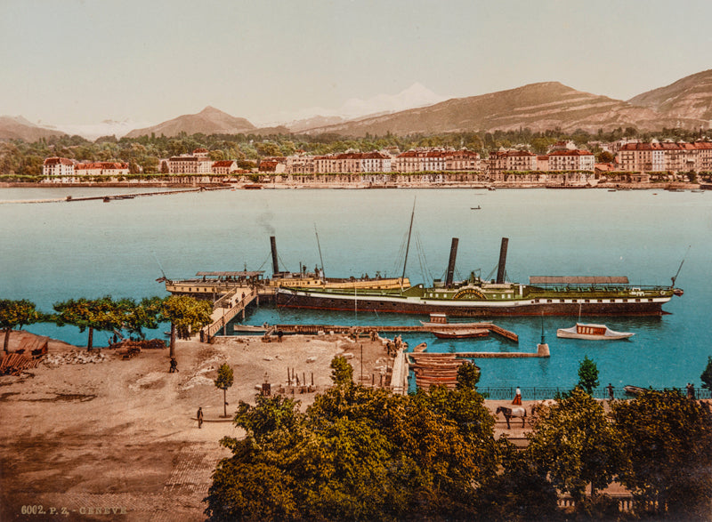 Photochrom de Genève, Le port et le Mont-Blanc, Suisse