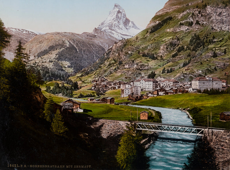 Photochrom - Gornergratbahn mit Zermatt, Valais, Suisse