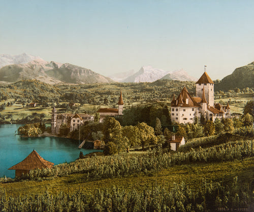 Photochrom, Château de Spiez, lac de Thoune, Berne, Suisse