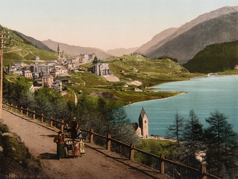 Photochrom - St. Moritz-Dorf & engl. Kirche, Grisons, Suisse