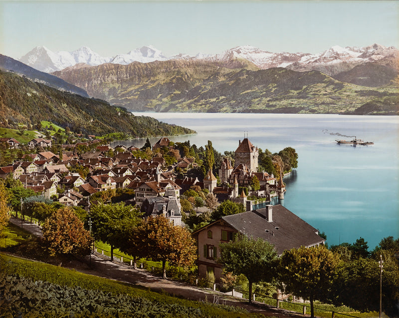 Photochrom - Thunersee. Oberhofen mit Eiger, Mönch und Jungfrau, Berne, Suisse