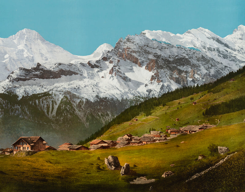 Photochrom - Village de Mürren et les Alpes, Oberland bernois, Suisse